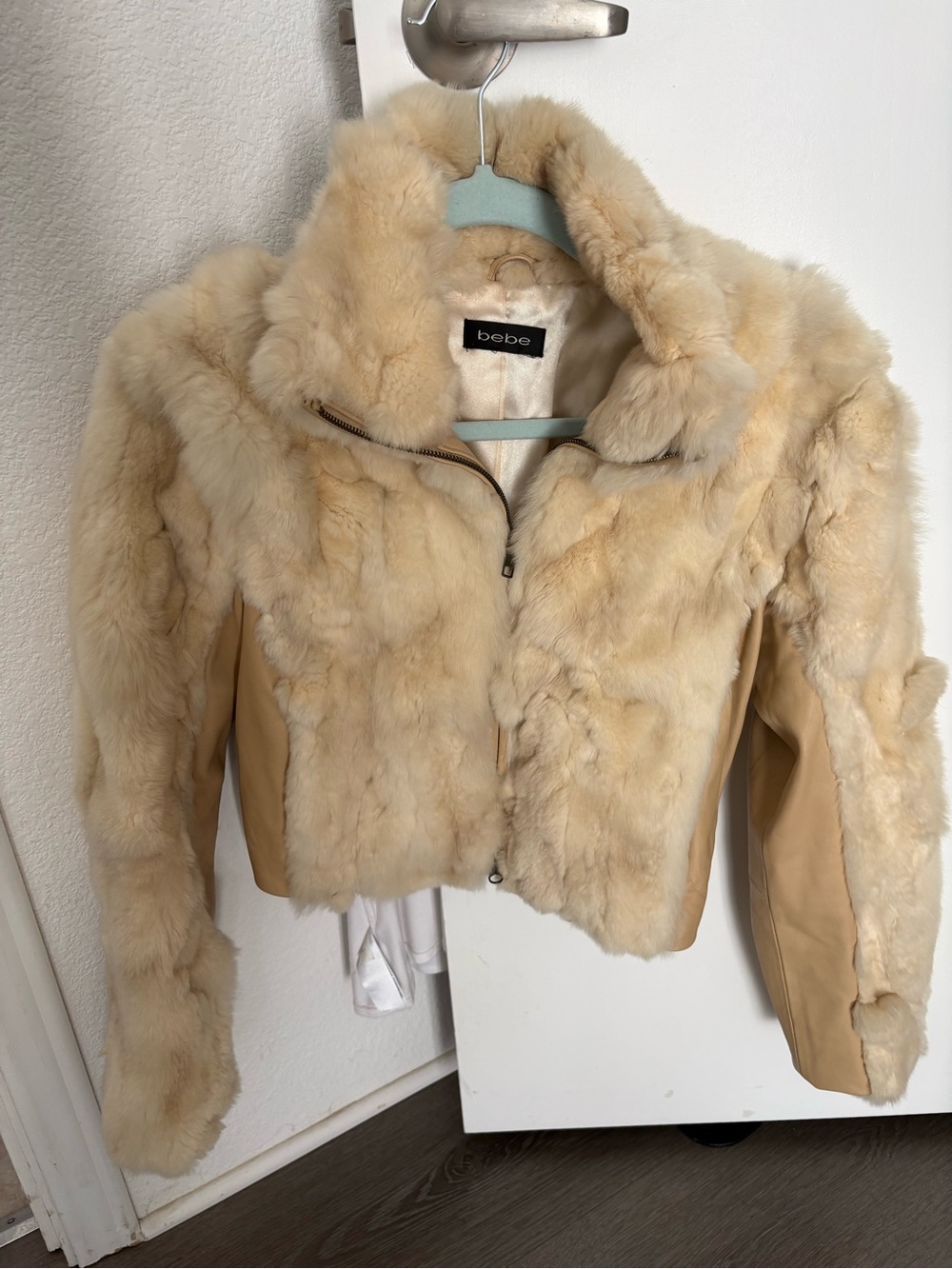bebe Cream Faux Fur Teddy Jacket with Smooth Sleeves